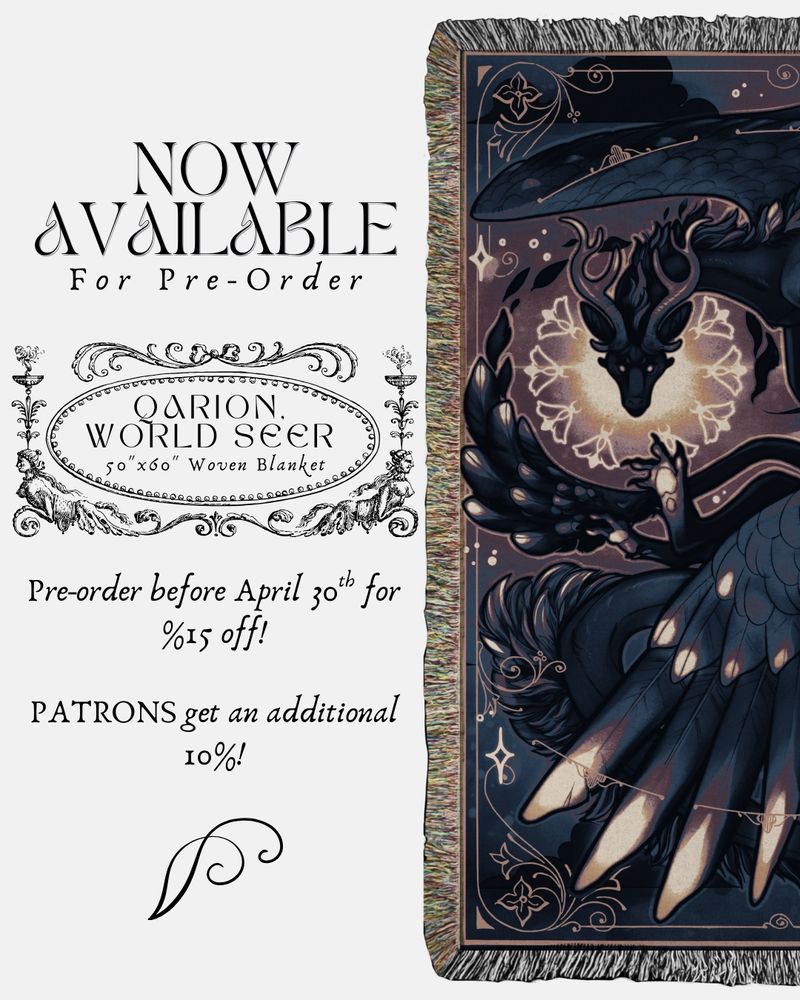 Text reads the same as above. A woven blanket of a dragon with feathery wings flying through a celestial sky. Moths of light surround his head.