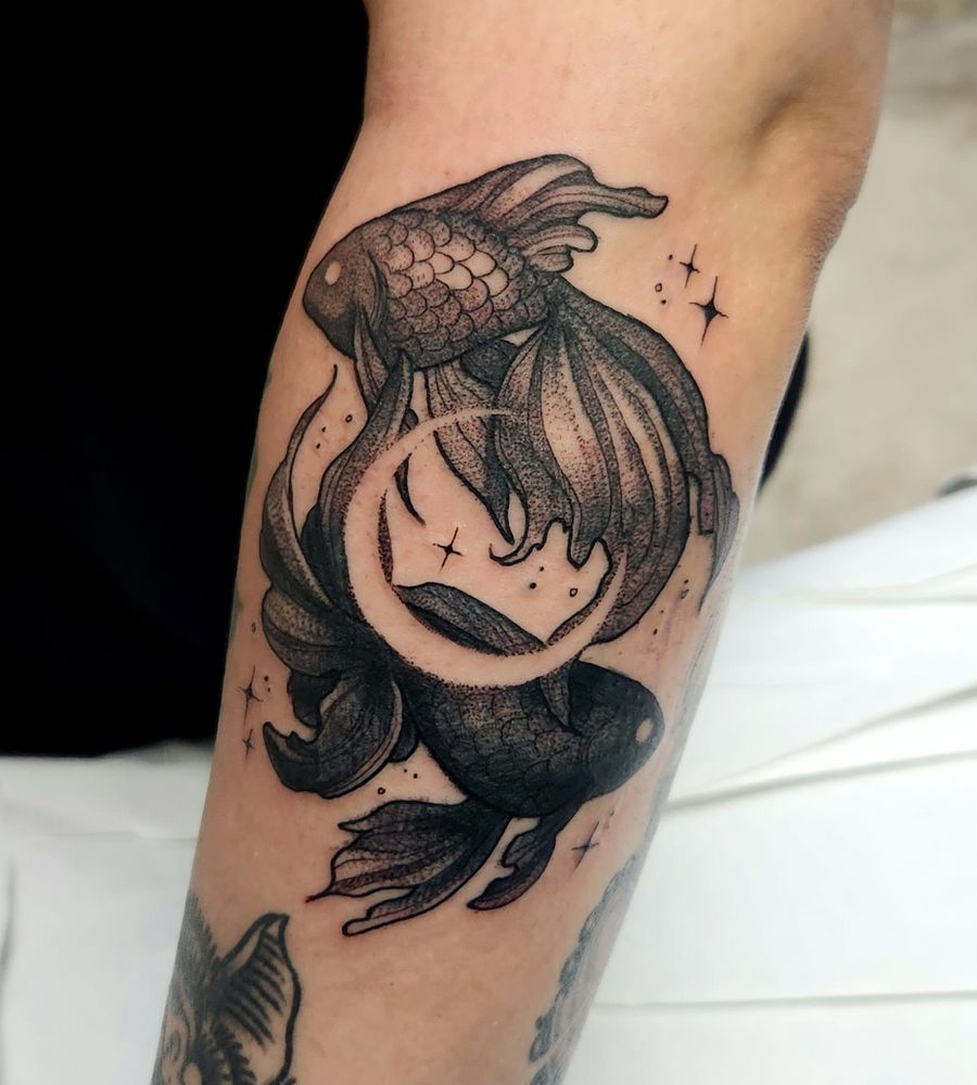 Blackwork tattoo of two betta fish, with a negative space moon between them. One fish is gray, the other black. 