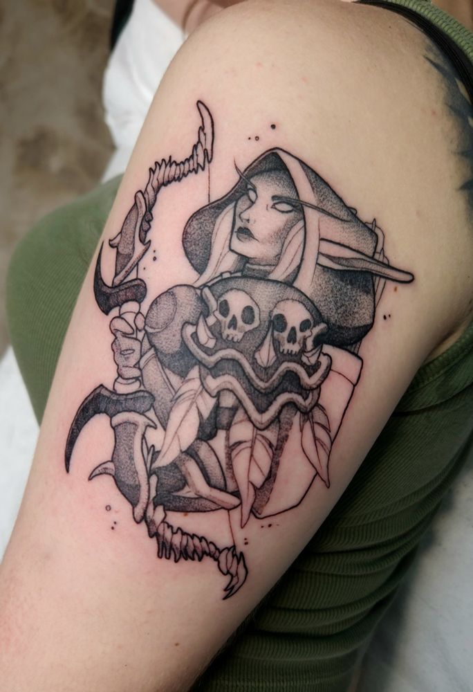 A black stipplework tattoo of Sylvanas Windrunner from World of Warcraft, bust with her bone bow.