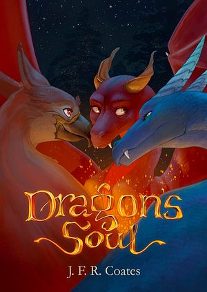 A Gryffon and two dragons are nuzzling their snouts. The middle dragon is red, with orange-toned horns, and their winds spread. The dragon on the right is blue, with a fang peeking out under their lip. 