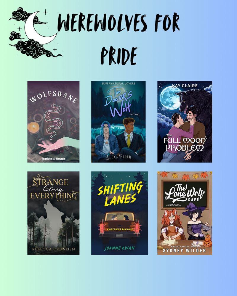 From left to right book covers: 

Wolfsbane @franklynnewt.bsky.social 
The Doctor's Wolf @alexapiper.bsky.social 
The Full Moon Problem @kayworx.bsky.social 
The Strange Grey Everything @bookspotlight.bsky.social 
Shifting Lanes Joanne Kwan
The Lone Werewolf Cafe Sydney Wilder