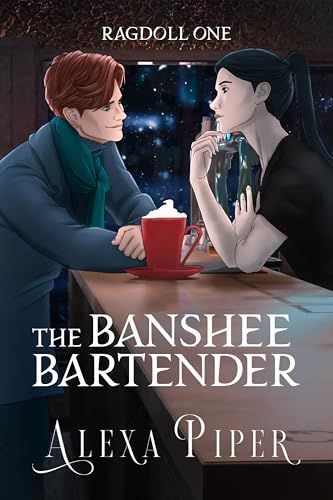 cover of the banshee bartender. two men are stood facing each other, the one on the right is behind the bar, serving drinks. the bartender is pale with long, dark hair tied back. the man on the other side has a warmer skintone and auburn hair. a drink is placed on the counter between them.