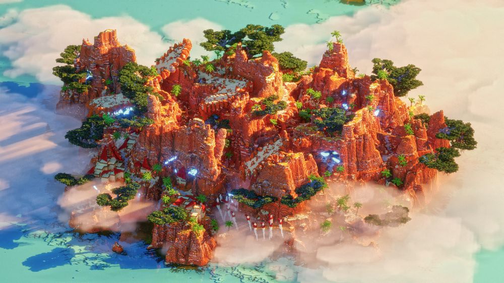 A bird's eye view of a large tropical desert/mesa island, centered in a shallow ocean, surrounded and partially covered by low-hanging clouds. The island consists of several mesa-style peaks, and has a number of fantasy-esque stone overhangs. It is also populated by several settlements and large bridges supported by giant horns or bones, and covered in giant trees. There are several caves with glowing crystals inside them.
All made in Minecraft, render by Kryppt/Will.D on twitter.