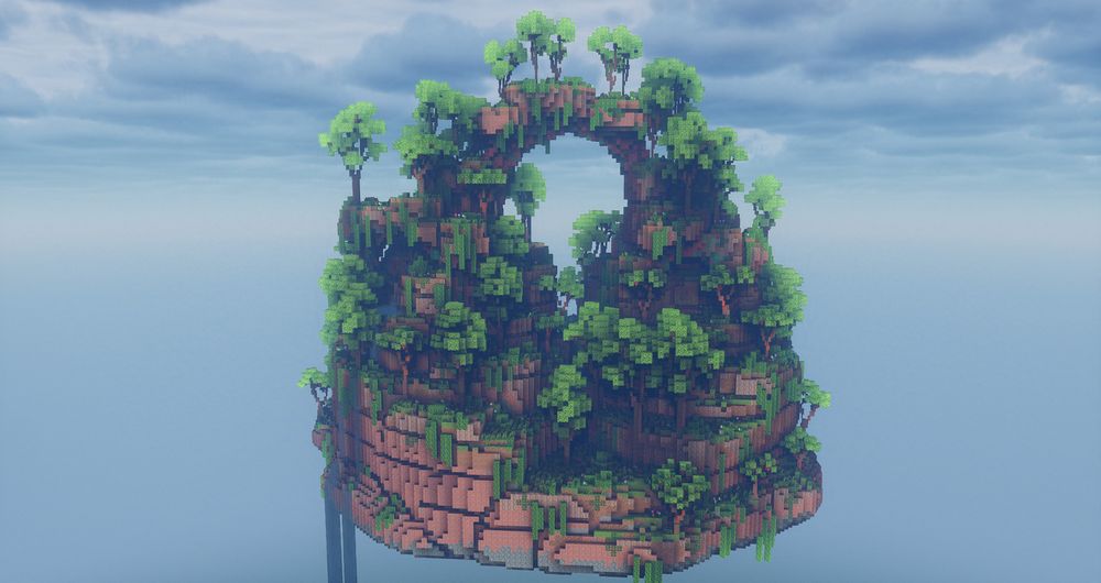 A cylindrical floating island with an overgrown copper arch on top, embedded in more rock. A small waterfall is flowing off the left side, and the island is covered in teak trees of various sizes.
Picture with Bliss shaders, trees by Quinten