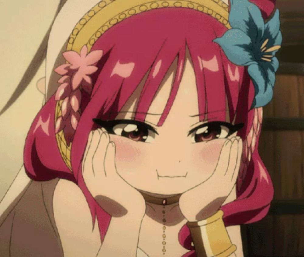 a girl with pink hair and a flower in her hair is making a face