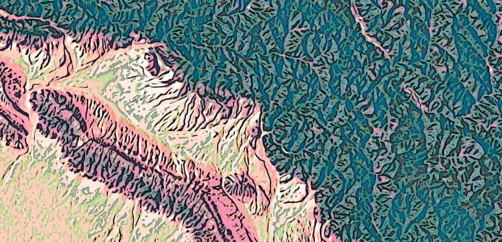 map of terrain around dehradun in abstracted colours, dark-ish green-ish for mountains, red-ish for hills, and yellow-ish for flatland