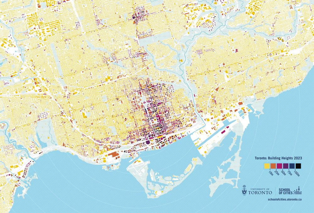 map of central toronto showing building footprints coloured by their average height
