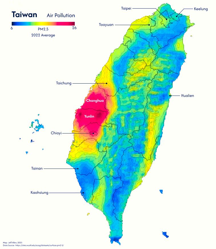 map of taiwan showing PM2.5 air pollution, ranging from blue/low to red/high - the areas of changhua and yunlin have the worst levels of air pollution on the island on average