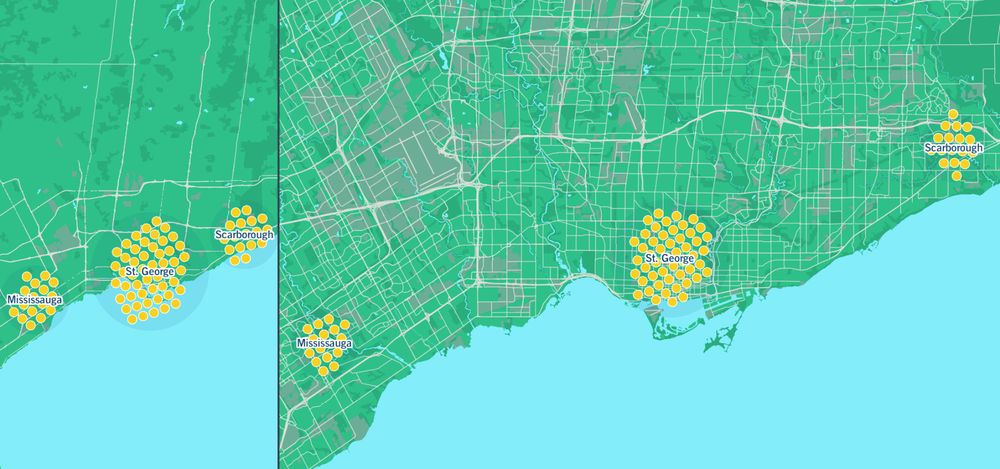 two maps each showing clusters of points (bee-swarms) around three locations in toronto to compare relative amounts - the maps are at different zoom-levels/scales - but the clusters of points (bee-swarms) adjust their location to not overlap and remain distinguishable