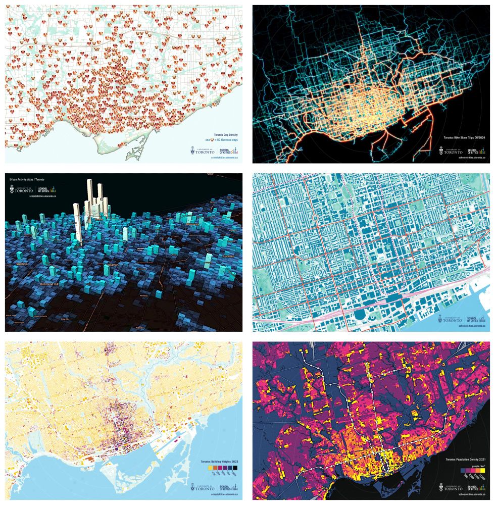 grid of 6 postcards of Toronto, each is an abstract map or data visualization of sorts