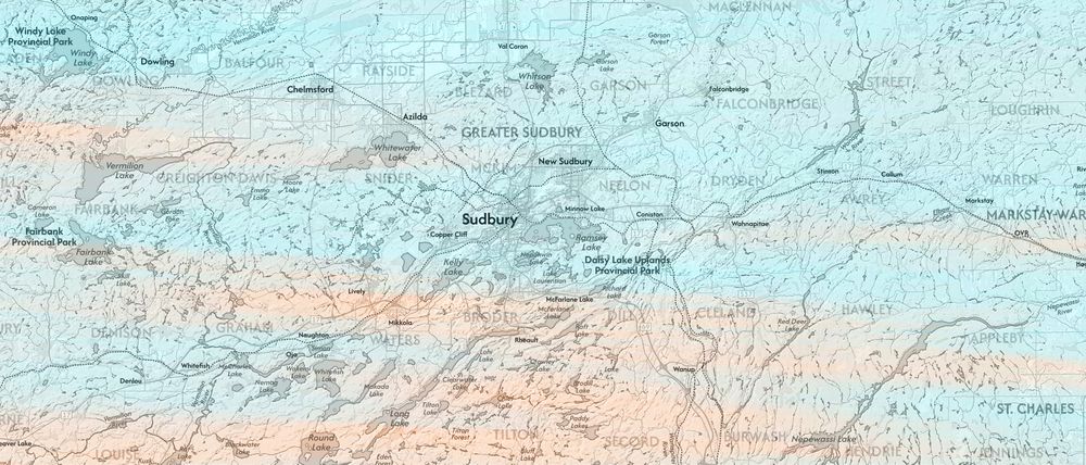 topographic/reference map of land and places in-and-around Sudbury, Ontario