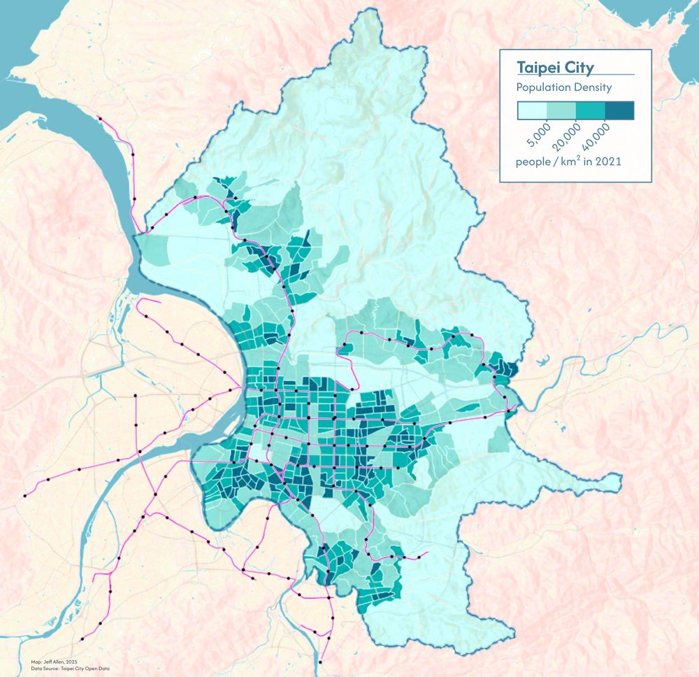 choropleth map of taipei city highlighting areas of high population density - map also shows rapid transit routes, topography, streets, and water