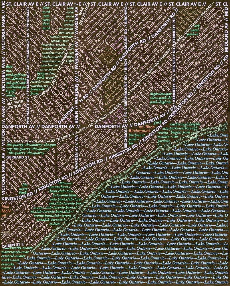map of southwest Scarborough (Ontario) showing streets, rail, neighbourhoods, and land cover - all depicted entirely via text (of varying fonts and colours)