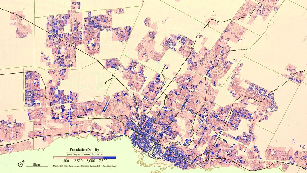 population density choropleth map of the greater toronto area overlaid with major rail lines - data from 2021