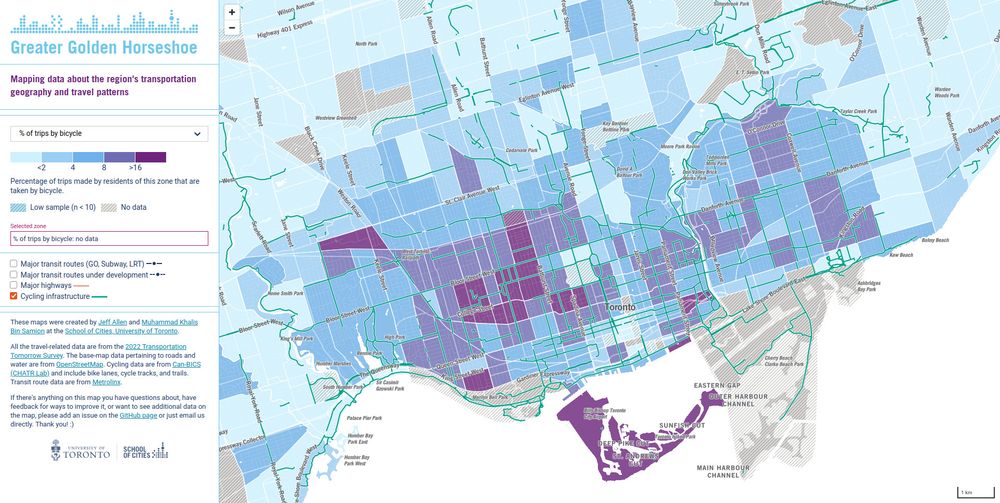 screenshot of a map of neighbourhoods in central Toronto showing % of trips made by bicycle