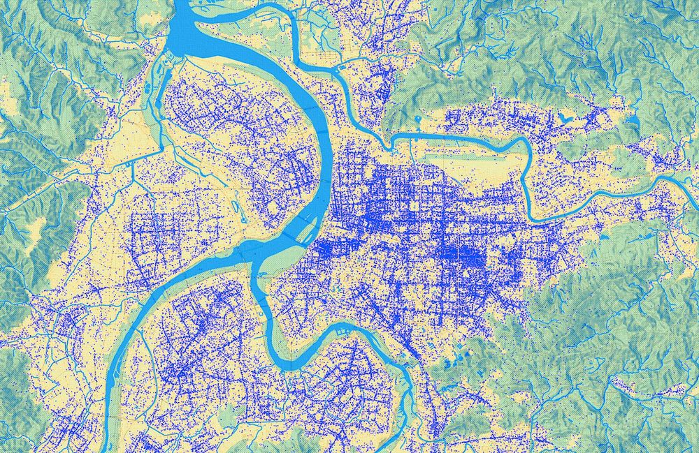 dot map of overture maps 'places' dataset in Taipei, highlighting areas with high and low density
