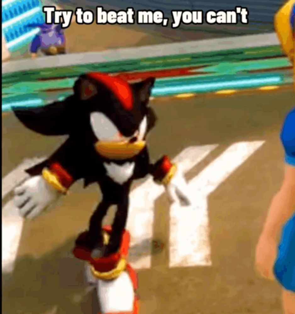 shadow the hedgehog is in a video game and says `` try to beat me , you can t '' .