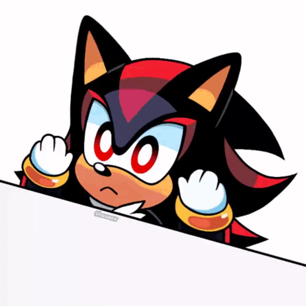 shadow the hedgehog is peeking over a white sign