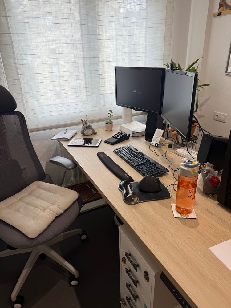 Foto do meu despacho. Hai unha mesa cun ordenador, dúas pantallas, un teclado, un rato, unha botella de auga, un iPad, un caderno e un par de Totoros (nunca son suficientes Totoros), unha cadeira e unha caixoneira. Detrás da mesa, ao lado da fiestra, hai tres plantas. 