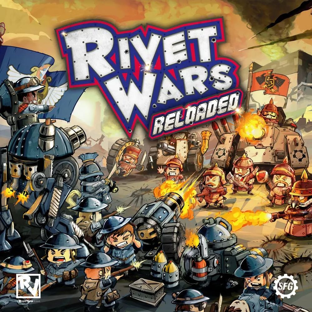 Rivet Wars Reloaded box art. Small drawn armies on both sides fighting