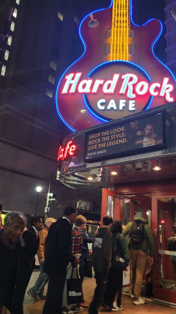 Outside the hard rock Cafe at night in Philadelphia 