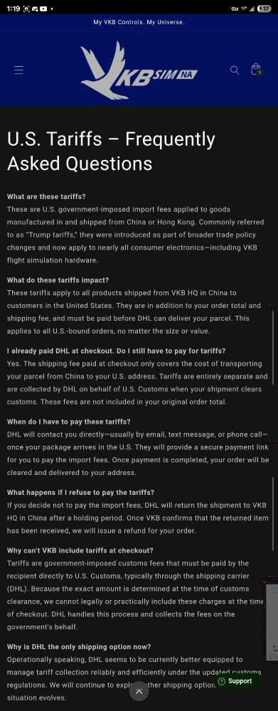 Screenshot of VKB's US Tarrifs FAQ page