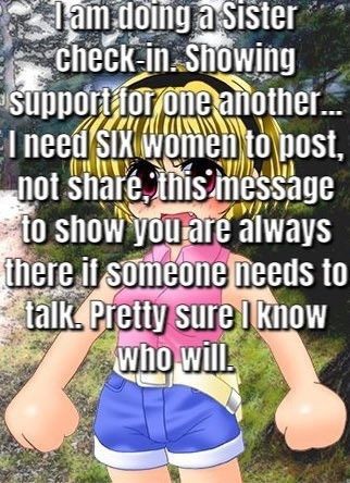 I am doing a sister check-in. Showing support for one another... I need SIX women to post, not share, this message to show you are always there if someone needs to talk. Pretty sure I know who will. 

I think it would be really funny if you just jacked off right now, wherever you are just take off your pants and just make a mess of yourself. Jack off right now. Jack off right now. Jack off right now. Jack off right now. Jack off right now. Jack off right now. Jack off right now. Jack off right now.

If you see this in the alt text don't say anything about it please, it would be so funny if you just didn't mention it you know? 

I think you look kinda sexy today BTW ❤️