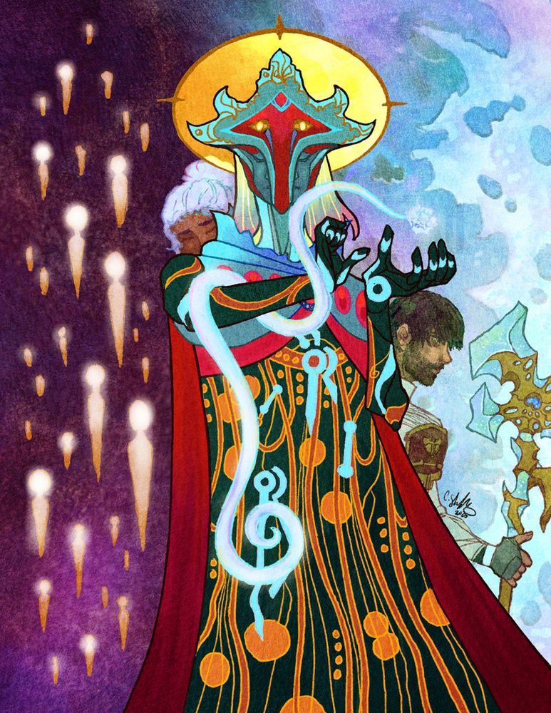 A drawing of Viktor from Arcane/League of Legends in his Machine Herald form. The pose and composition is heavily inspired by Klimt's piece "Hygieia" 