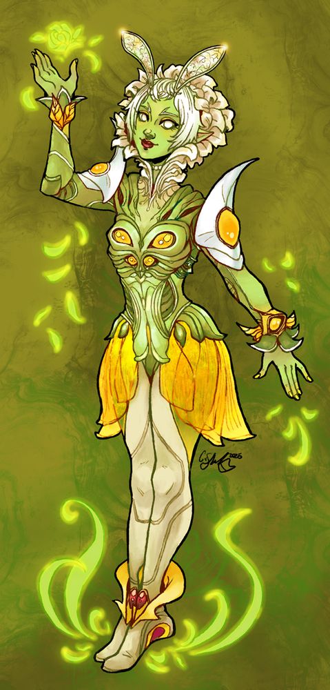 A colored drawing of Mantis from Marvel Rivals, in her Flora Maiden skin. Overall it is white, yellow, and olive green, and she is summoning her healing nature magic around her.