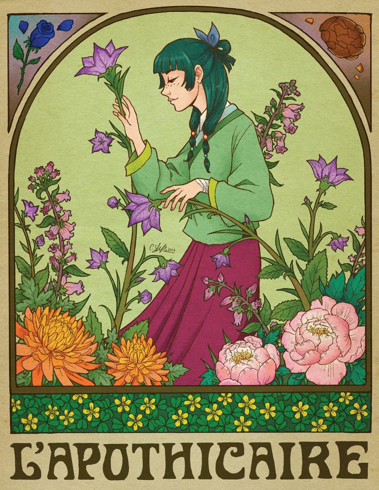 A detailed colored illustration of Maomao and various flowers often used in medicine and poison, drawn in the art nouveau style. Stylized text at the bottom reads "L'Apothicaire", French for "Apothecary"