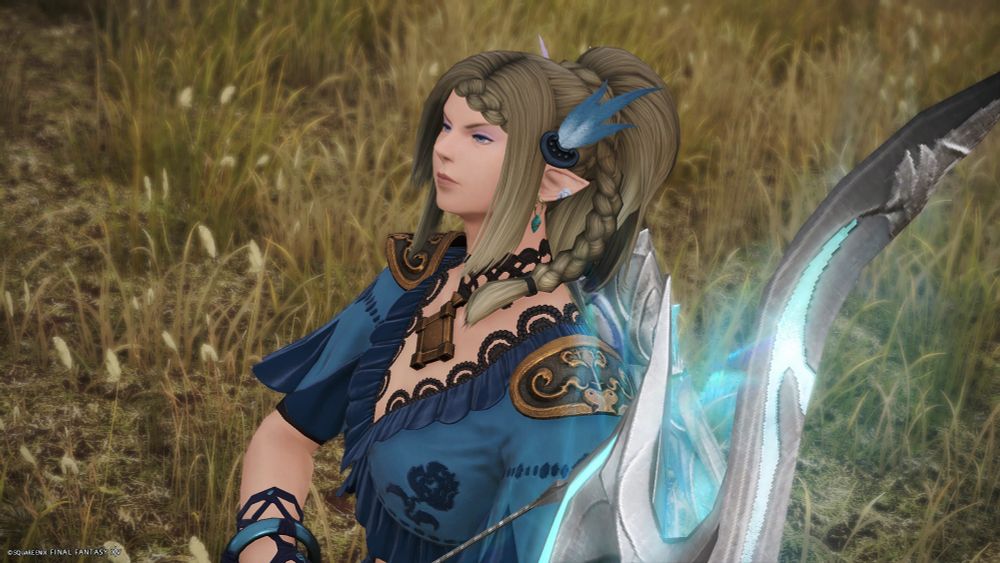 A semi profile shot of my Elezen OC Calypso, in a wheat field with her bow drawn 