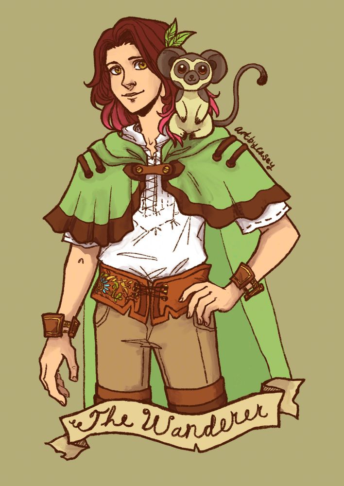 A colored drawing of Deryk from FF14 and his companion baby opo-opo sitting on his shoulder.