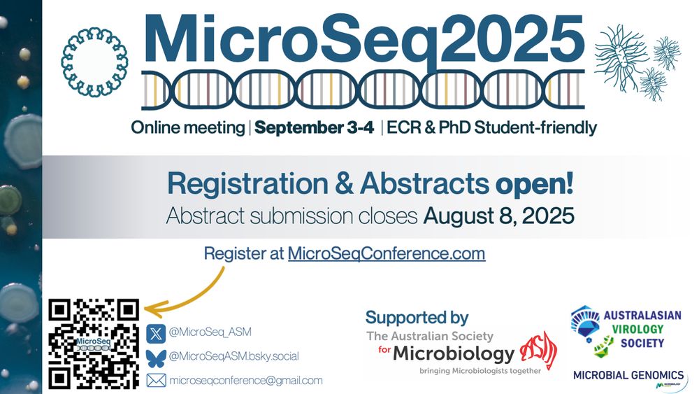 Registration and abstract submission for MicroSeq2025 is open. Abstract submission closes August 8, 2025. Participants can register at microseqconference.com. MicroSeq2025 is an online meeting being held on September 3rd and 4th, focused on research being conducted on sequencing data generated from microbiological samples (bacteria, fungi, and viruses). MicroSeq2025 is supported by The Australian Society for Microbiology, the Australasian Virology Society, and Microbial Genomics.