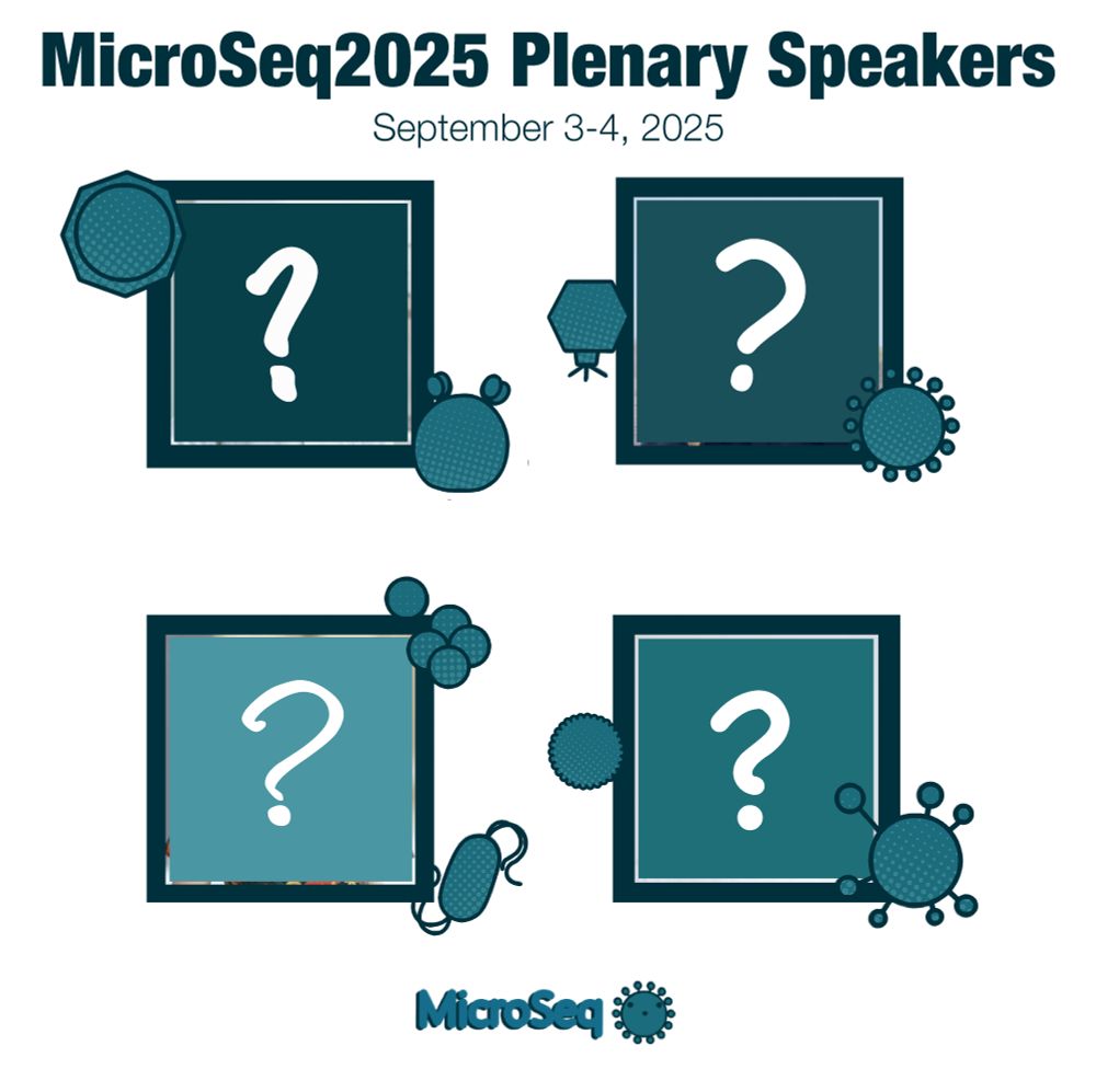 Four profile pictures decorated with cartoons of microbes and covered by blocks with question marks. Behind each square is an invited plenary speaker for MicroSeq2025, which will be uncovered later this week. MicroSeq2025 is an online meeting being held on September 3rd and 4th, focused on research being conducted on sequencing data generated from microbiological samples (bacteria, fungi, and viruses).