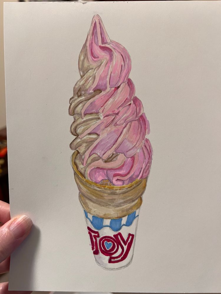 Alcohol marker drawing of a coffee and raspberry soft serve ice cream cone.