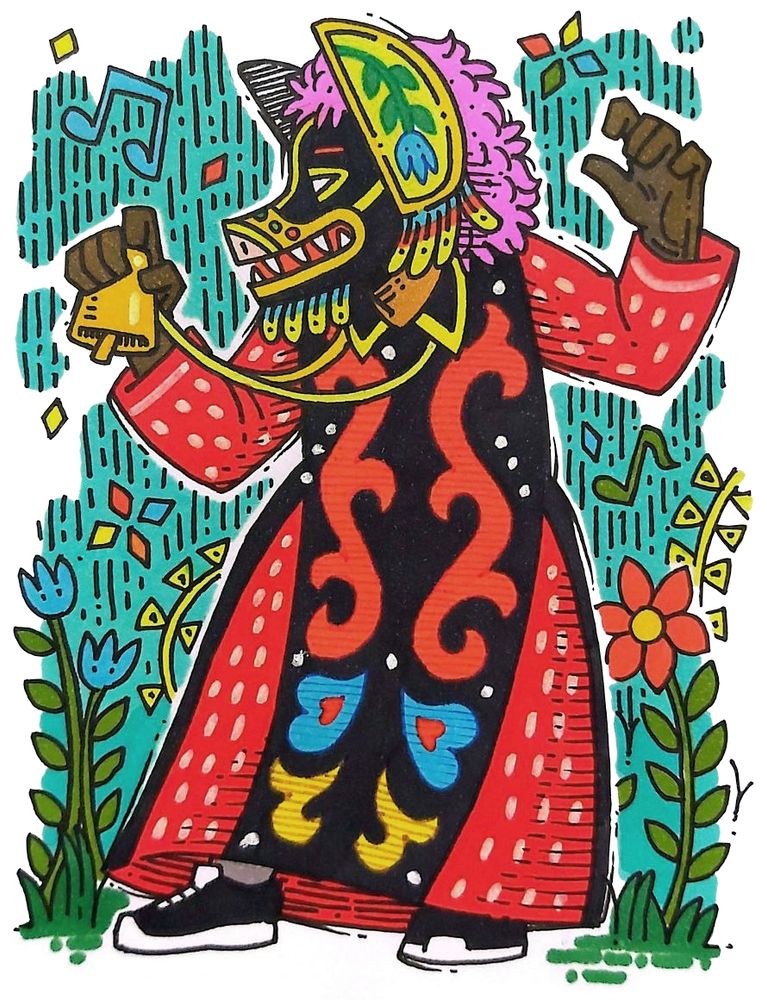 Ilustração estilizada de um cazumba, figura típica do Bumba meu Boi de sotaque de baixada. A cabeça tem elementos animalescos como focinho de porco e presas e uma juba ou cabeleira bem peluda, com orelhas de abano adornadas, comuns em muitos cazumbas. A roupa é uma túnica que cobre todo o corpo, com um quadril largo e muitos adornos coloridos no tecido preto e vermelho.