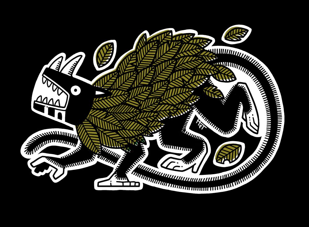 Ilustração em preto e branco estilizada, mostrando um animal com dentes pontudos, chifres como o de rinoceronte e patas e rabo de macaco, com o corpo todo soberto de folhas.