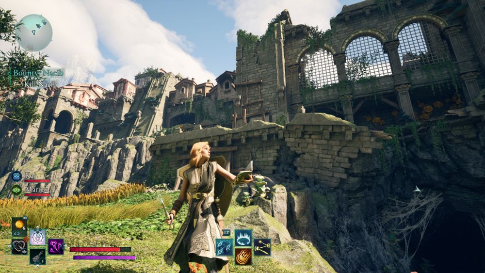 screenshot of the video game Avowed, a character stands heroically before a cavern entrance 