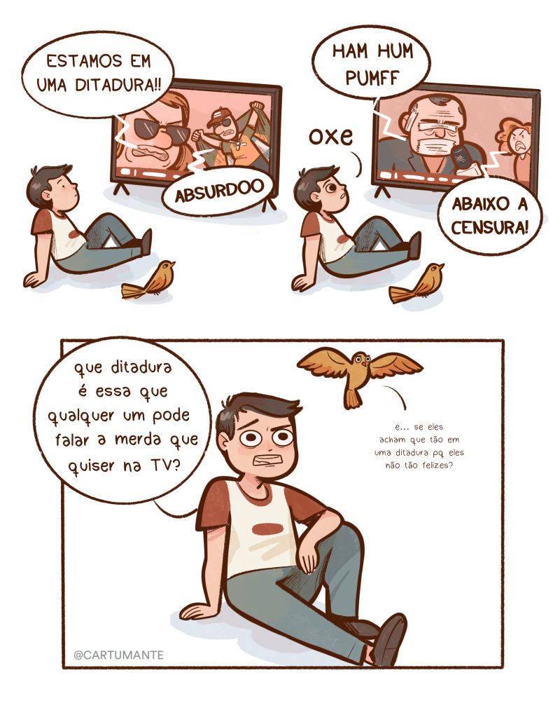 Garoto assiste TV, onde pessoas gritam “estamos em uma ditadura” e “abaixo a censura”. Ele estranha e pergunta: “que ditadura é essa que qualquer um pode falar o que quiser na TV?”. Pássaro questiona por que eles não são felizes se acham que estão em ditadura.