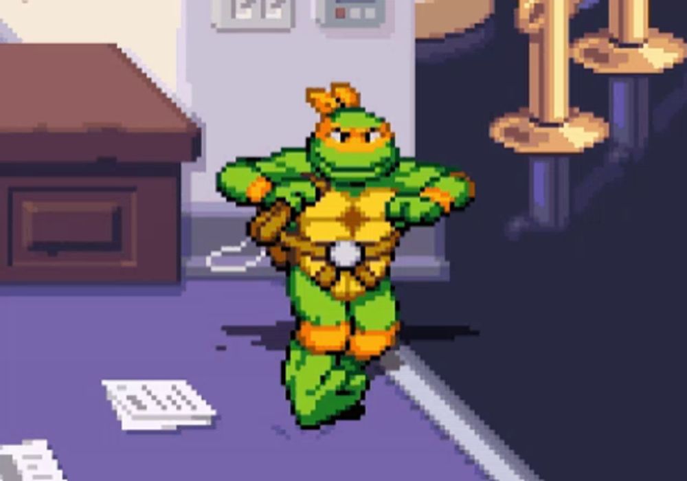 a pixel art of a teenage mutant ninja turtle standing in a room