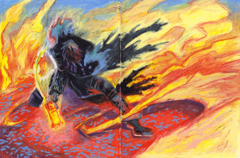 The image shows a redraw of a Trigun Maximum panel done with oil crayons. It depicts Vash on his knees in his black coat, wind gushing around him and empy bullet cases scattered around him. Vash is clutching his shoulder with one hand and holding a gun in the other. The bright red wind and red ground contrasts his black coat and yellow gun. 