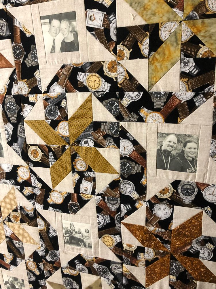 Close up of gold and rust pinwheels and watch fabric ribbon pattern patchwork with greyscale photo of middle aged man and teen girl.