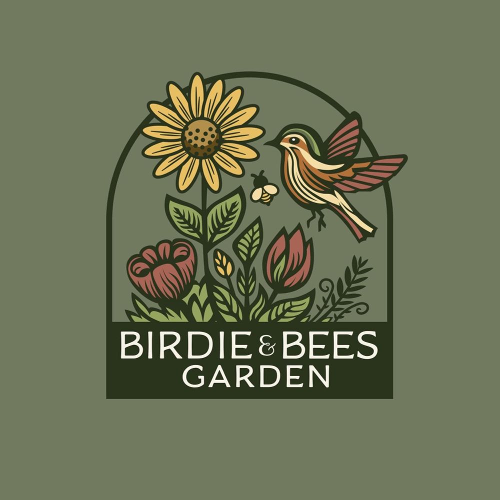 Logo with flowers a bird and bee. Lettering in white on black BIRDIE & BEEs GARDEN