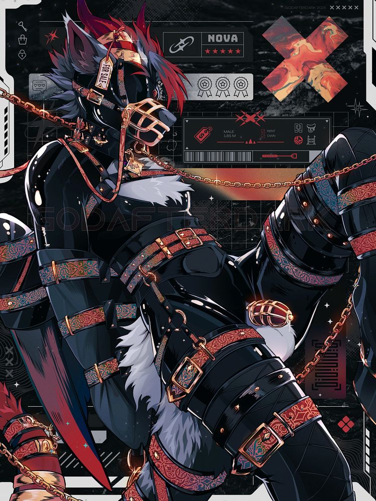 image is a digitally illustrated anthropomorphic dragon dressed in heavy latex and leather straps with golden hardware. their head is hooded, a golden muzzle around their snout with reins and chains tethered to the sides and under the chin. chains tether them in place. a metallic band around their crimson horn reads "for sale". in the background, the text reads "male, 1.85 meters" with check boxes ticked next to the words "rent" and "own". #furryart #furrynsfw #ponyplay #nsfwfurry #petplay