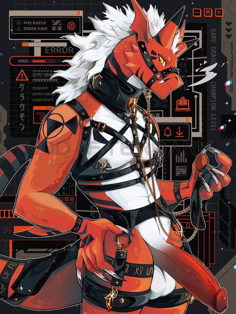 image is a digital pinup of Growlmon, a character from the Digimon series. They are standing idly, hand on their hip and looking at the viewer, with the end of a chain leash loosely held in their opposite palm. A bridle-style muzzle is strapped around their head, further accented with a posture collar and body harness. #digimon #furryart #nsfw #furrynsfw