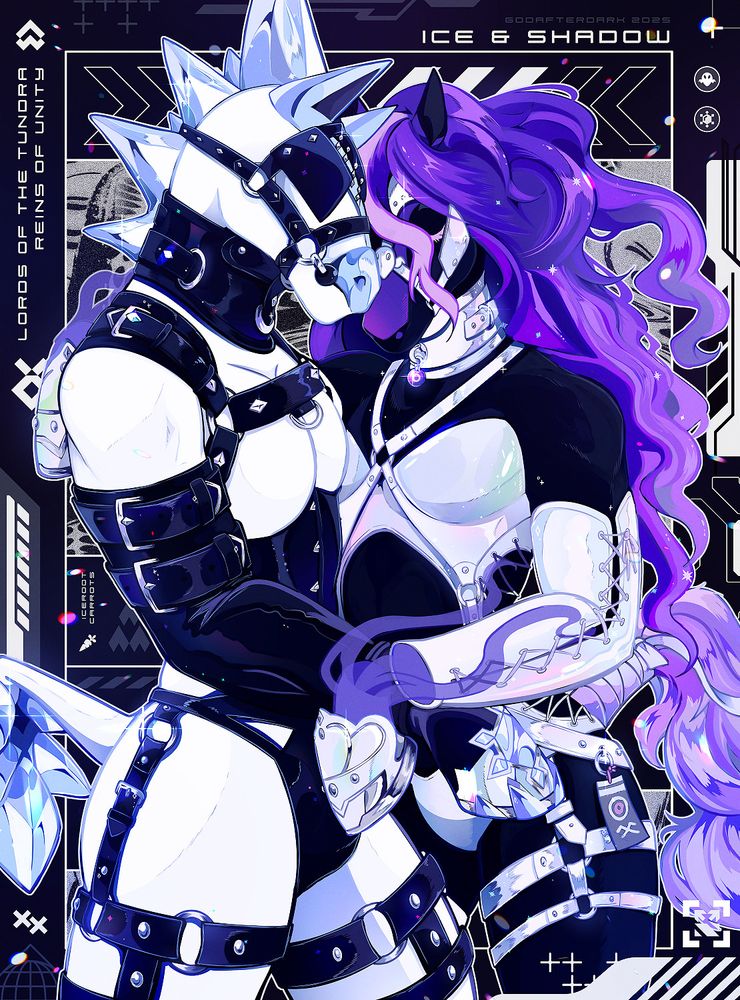 image is a digital illustration of Glastrier, and Spectrier, two species from the series Pokemon, dressed in contrasting harnesses and bodices. The background text reads: "Ice and Shadow. Lords of the Tundra, Reins of Unity. Iceroot Carrots." #furryart #furry #pokemon