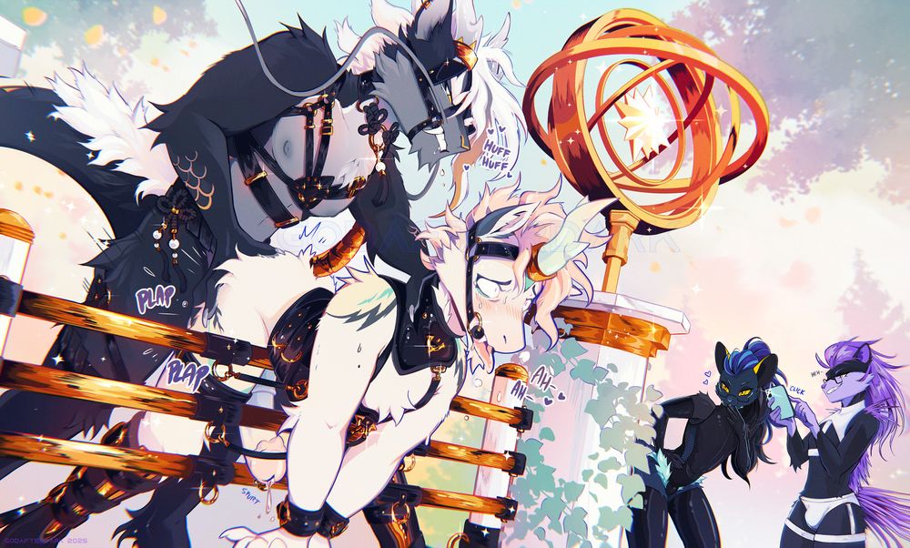 image is a digital illustration of four anthropomorphic characters: a kirin and a unicorn in the foreground, and a rodent and a hedgehog in the background. the rodent and hedgehog look on with smug, seductive gazes as the kirin thrusts into the unicorn who has been draped over the golden bars of a horse jump. #furryart #furrynsfw #ponyplay