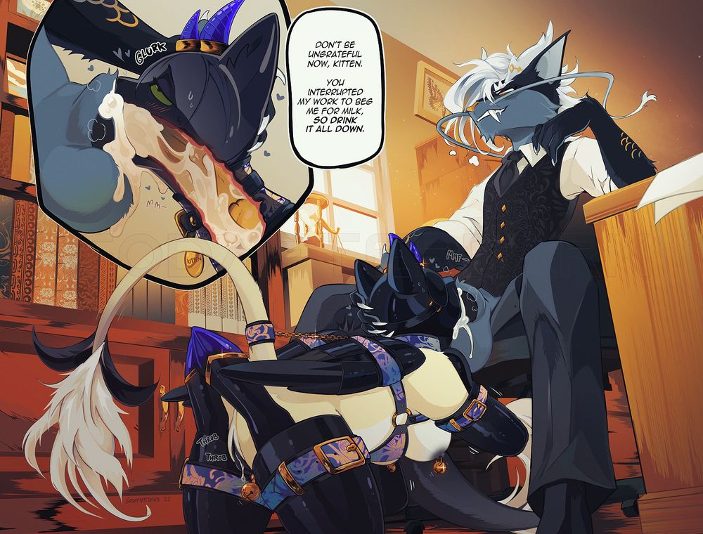 image is a digital illustration of two anthropomorphic characters: a kirin, dressed in a vest and trousers, and an alicorn-feline hybrid restricted in a bitchsuit. the feline gargles as he tries to choke down the thick shaft of his owner. #petplay #kittyplay #furryart #furrynsfw