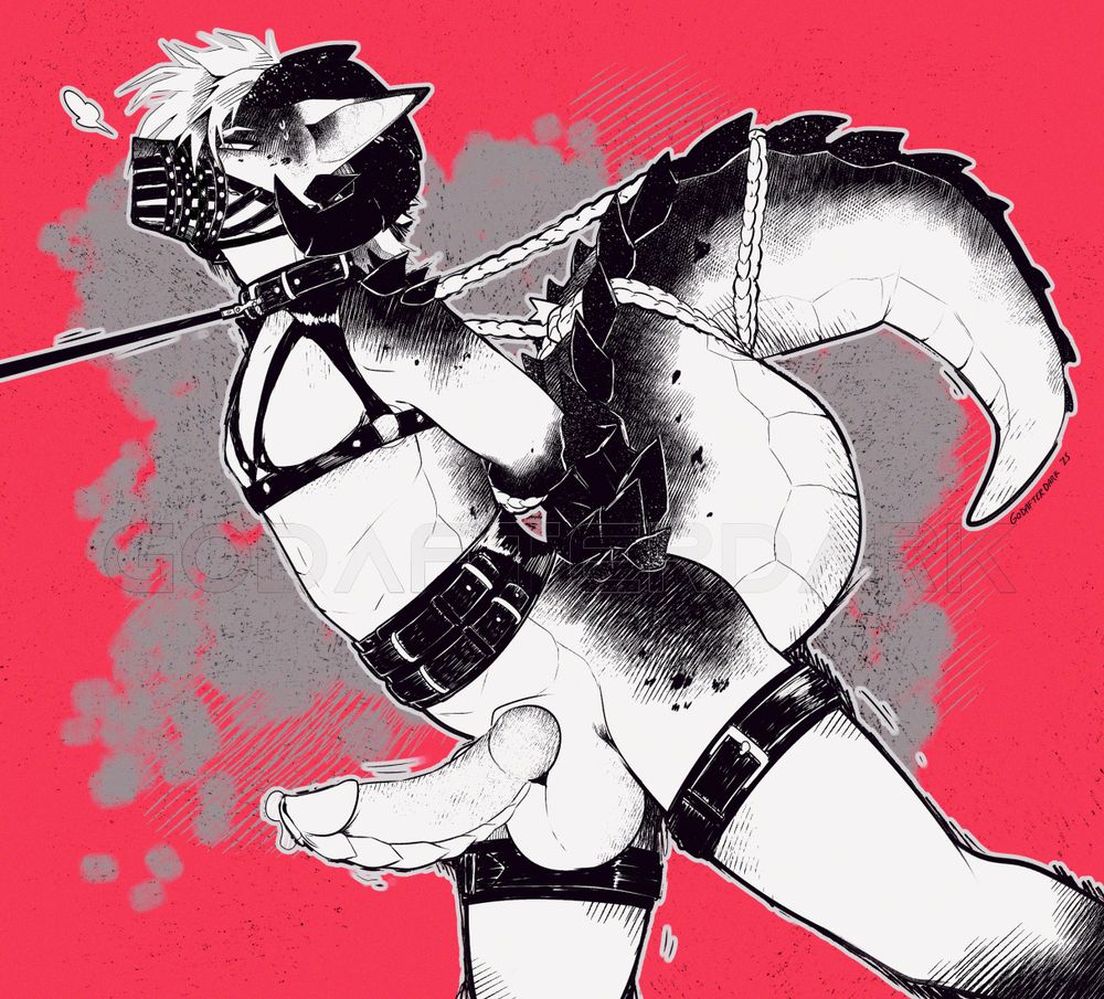image is a digital sketch of an anthropomorphic character being led by a leash clipped to a stiff collar. their arms have been bound behind their back with ropes that also tether their hefty tail. a leather muzzle has been affixed around their snout, with a hint of a snarl peeking beneath the straps. #furryart #furrynsfw