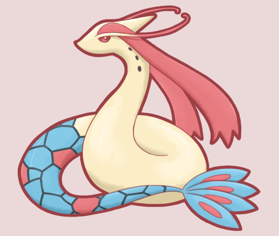 A drawing of the pokemon Milotic just kinda chillin' and giving the side eye in the void.